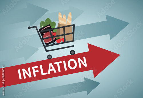 Inflation, growth of food sales, growth of market basket or consumer price index concept. Shopping basket with foods on arrow.