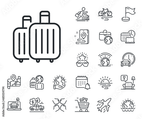 Travel luggage sign. Plane jet, travel map and baggage claim outline icons. Baggage line icon. Journey bag claim symbol. Baggage line sign. Car rental, taxi transport icon. Place location. Vector