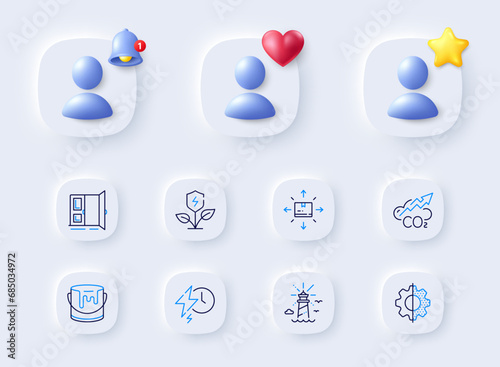 Eco power, Cardboard box and Paint line icons. Placeholder with 3d bell, star, heart. Pack of Transform, Open door, Co2 icon. Lighthouse, Charging time pictogram. For web app, printing. Vector