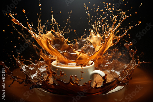 Coffee cup with splash, coffee beans background