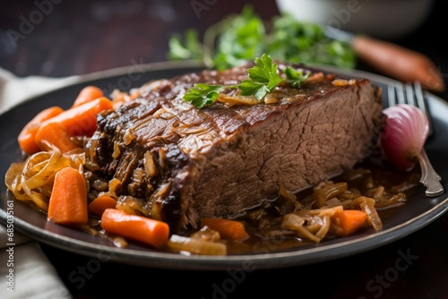 Brisket beef vegetables plate. Tender cooked meat accompanied onions, greens, and carrots. Generate AI