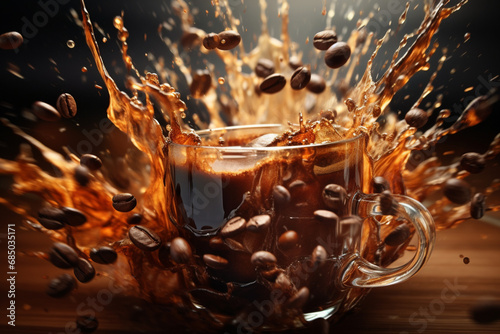 Coffee cup with splash, coffee beans background