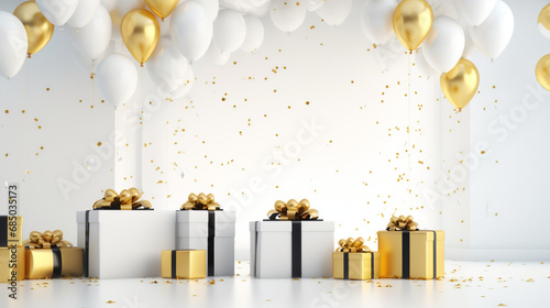 Gold and white gift boxes and balloons party background