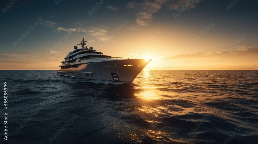 Big cruise liner sailing on a sunny evening with calm water. Giant cruise ship at sunset sailing through the sea with a cloudy orange sky on the background, Large luxury cruise ship in open sea water, Big cruise liner sailing on a sunny evening with calm water. Giant cruise ship at sunset sailing through the sea with a cloudy orange sky on the background, Large luxury cruise ship in open sea water,