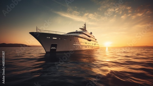 Big cruise liner sailing on a sunny evening with calm water. Giant cruise ship at sunset sailing through the sea with a cloudy orange sky on the background, Large luxury cruise ship in open sea water,