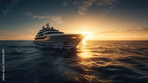 Big cruise liner sailing on a sunny evening with calm water. Giant cruise ship at sunset sailing through the sea with a cloudy orange sky on the background, Large luxury cruise ship in open sea water, photo
