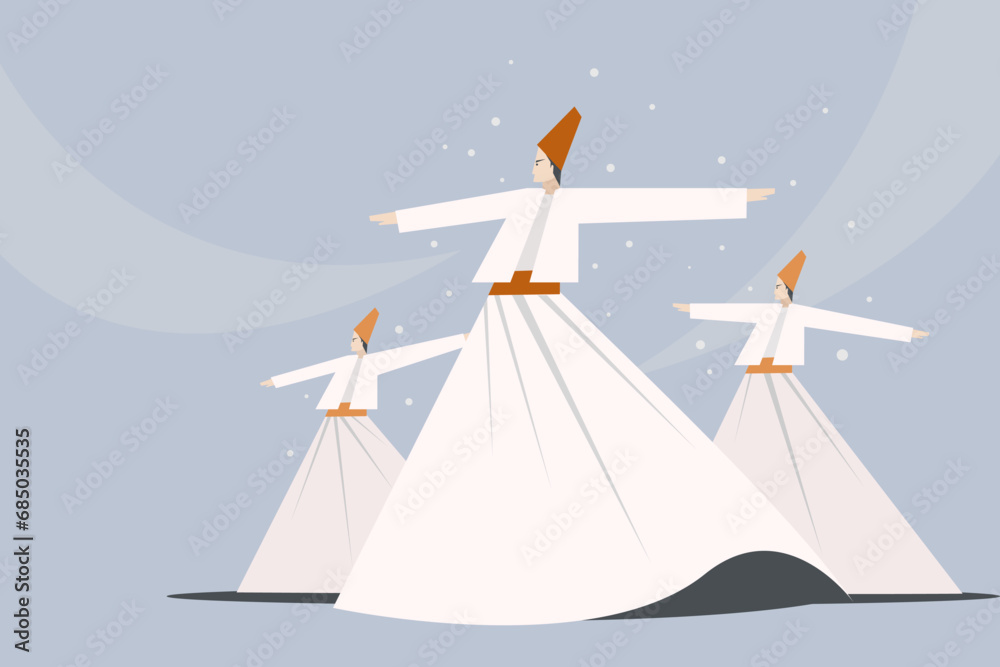 Illustration of whirling Dervishes. Sufi whirling dancers