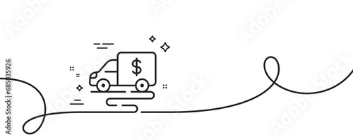 Cash transit line icon. Continuous one line with curl. Money collector truck sign. Cash collection machine symbol. Cash transit single outline ribbon. Loop curve pattern. Vector