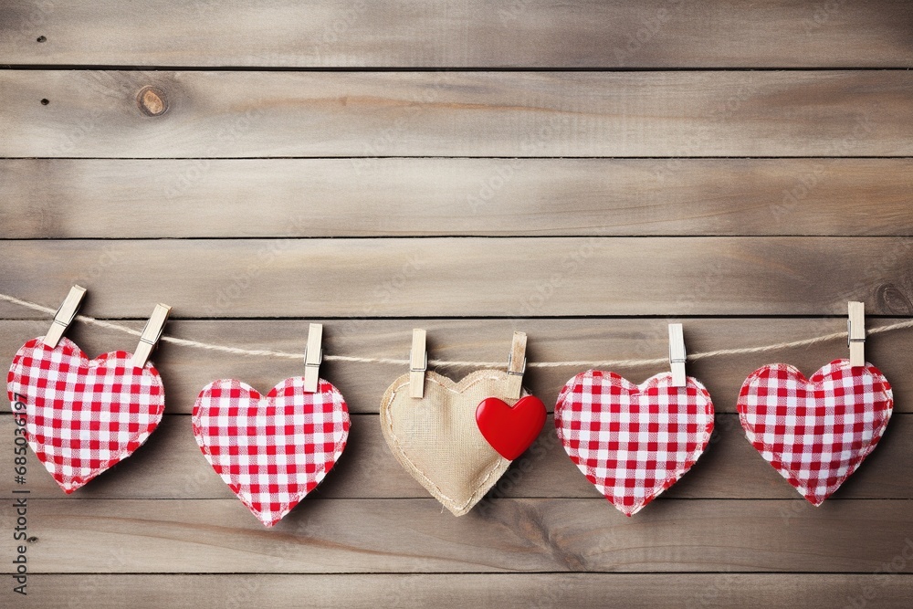 Obraz premium Hearts hanging on rope over wooden background. Valentines day background