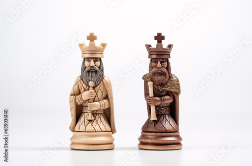 chess king and king on a chess board, white background, varying wood grains, back button focus