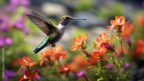 A hummingbird in mid-flight near a cluster of brightly colored wildflowers. © Amna