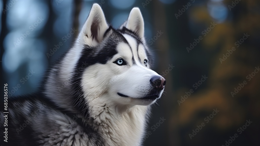 Close-up portrait of a Siberian Husky dog with space for text, background image, AI generated