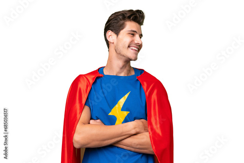 Super Hero caucasian man over isolated background happy and smiling