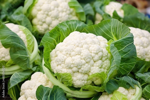 Fresh and Green Cauliflower Head Closeup at Farmer's Market: Harvested Produce of Nutritious Vegetable