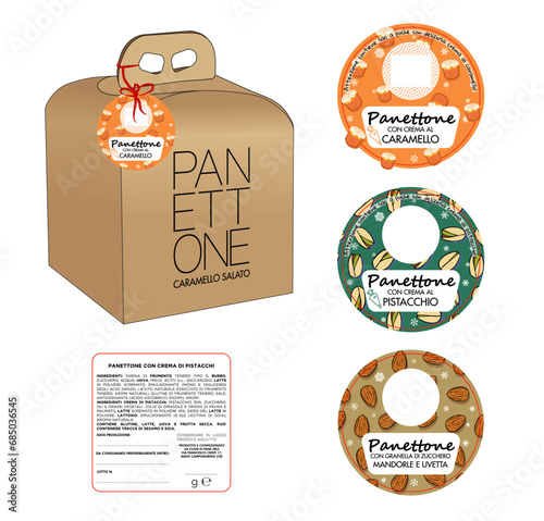Mockup etichetta panettone confezionamento. Idee di confezioni semplici panettone e pandoro con etichetta ingredienti allergeni e lotto secondo normativa HCCP.  photo