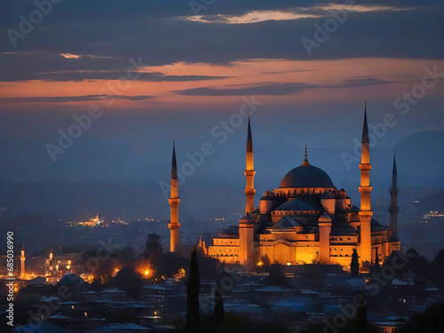 High-contrast orange and amber lights appear on the horizon with the dark silhouette of the Blue Mosque in the foreground. The color palette is a range of warm oranges and fluorescent yellows. and the