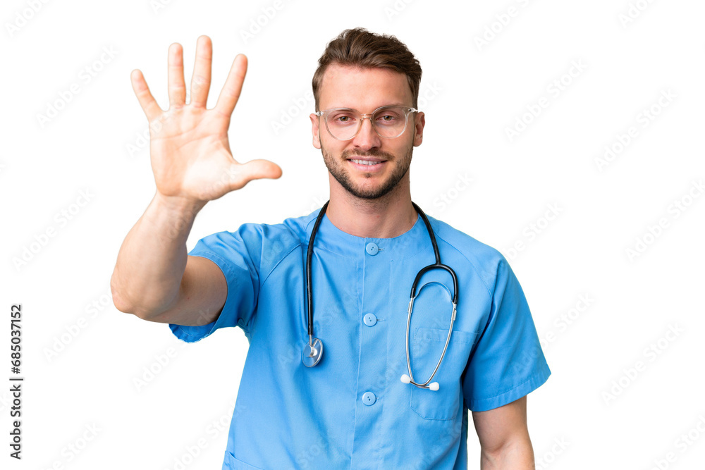 Young nurse man over isolated chroma key background counting five with fingers Young nurse man over isolated chroma key background counting five with fingers