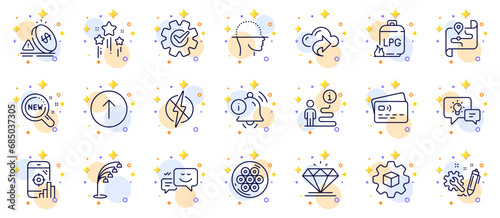 Outline set of New products, Information bell and Idea lamp line icons for web app. Include Engineering, Cogwheel, Stars pictogram icons. Diamond, Cable section, Gas cylinder signs. Vector