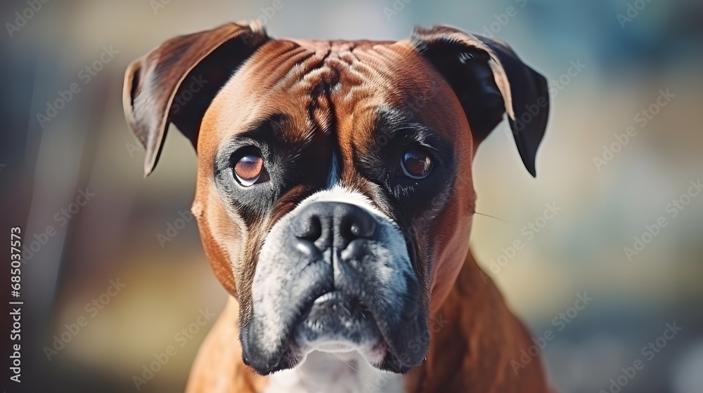 Close-up portrait of a Boxer dog with space for text, background image, AI generated Close-up portrait of a Boxer dog with space for text, background image, AI generated