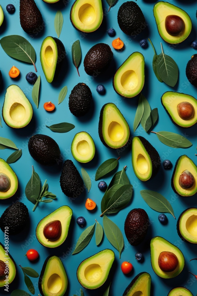 Avocado fruit pattern on blue background. Top view. Flat lay.