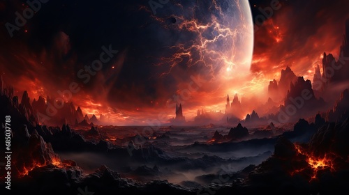 mystical fiery planet: fantasy landscape with glowing stars, nebulae, and falling asteroids - digital artwork, astrology magic in space