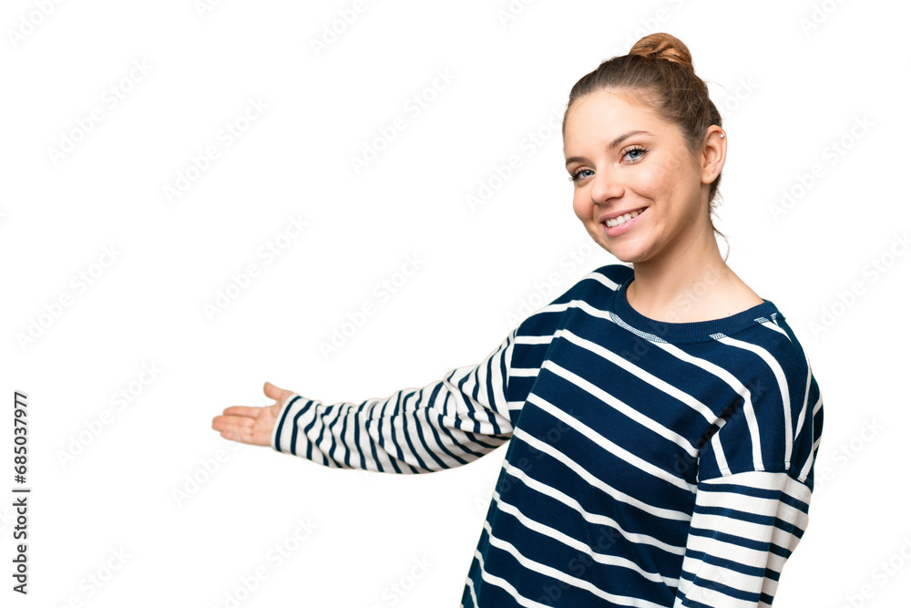 Young blonde woman over isolated chroma key background extending hands to the side for inviting to come Young blonde woman over isolated chroma key background extending hands to the side for inviting to come