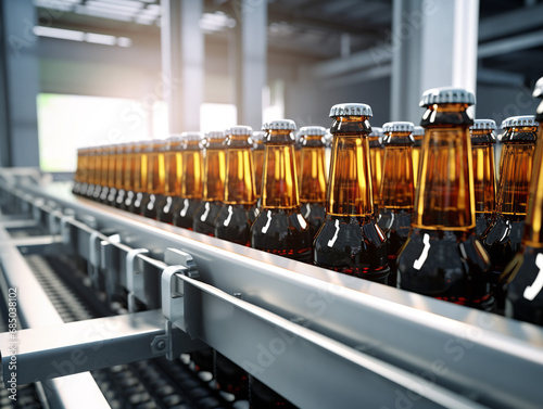 Beer bottles on the conveyor belt in a factory
