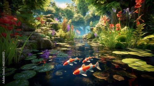 A tranquil garden pond with colorful koi fish and water lilies. © Amna