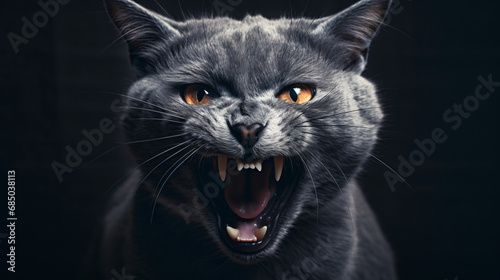 Angry Russian blue cat showing teeth