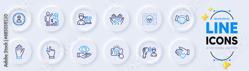 Handshake, Touchscreen gesture and Hand line icons for web app. Pack of Cyber attack, Volunteer, Headhunting pictogram icons. Health eye, Fair trade, Success business signs. Neumorphic buttons. Vector