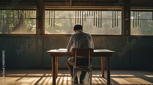 Asian man sitting and writing alone at old wooden school building while the sun raises 