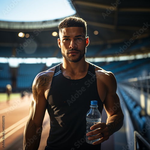 Portrait of a track and field athlete in a stadium with water, runner preparing for competition in training