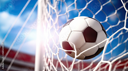 Reaching goal concept. Soccer Ball in a Net