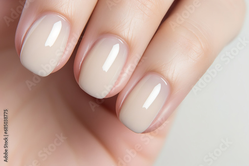 Manicure  cuticle  close-up  uncoated  natural  light beige background  very close nail in the frame  photorealistic