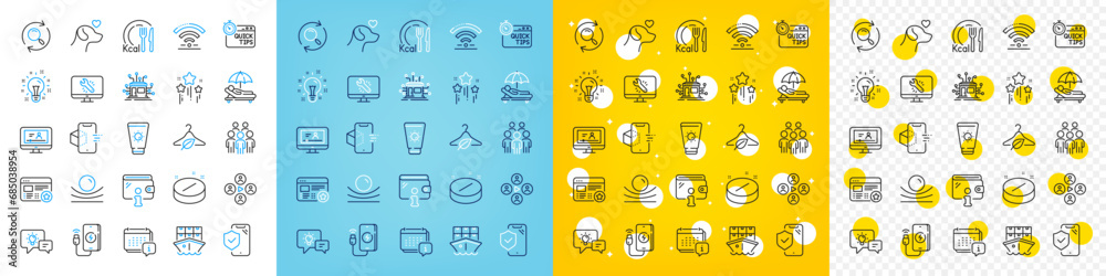 Vector icons set of Monitor repair, Augmented reality and Distribution line icons pack for web with Sunscreen, Sunbed, Phone charging outline icon. Calendar, Quick tips. Vector