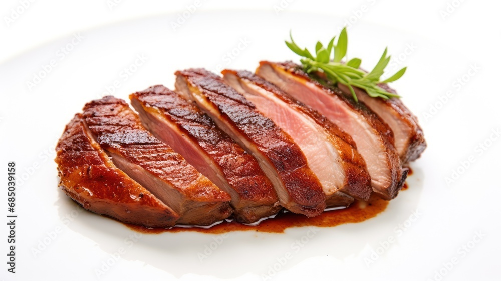 Close up of roasted duck breast fillet white background, Roast pork with herbs and vegetables