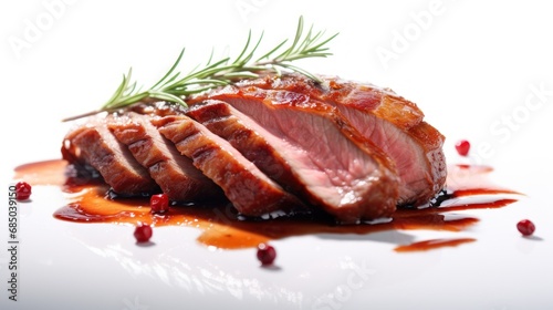 Stampa su tela Close up of roasted duck breast fillet white background, Roast pork with herbs a