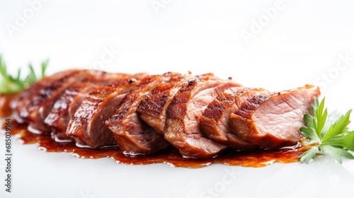 Close up of roasted duck breast fillet white background, Roast pork with herbs and vegetables