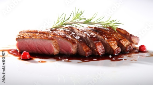 Close up of roasted duck breast fillet white background, Roast pork with herbs and vegetables photo