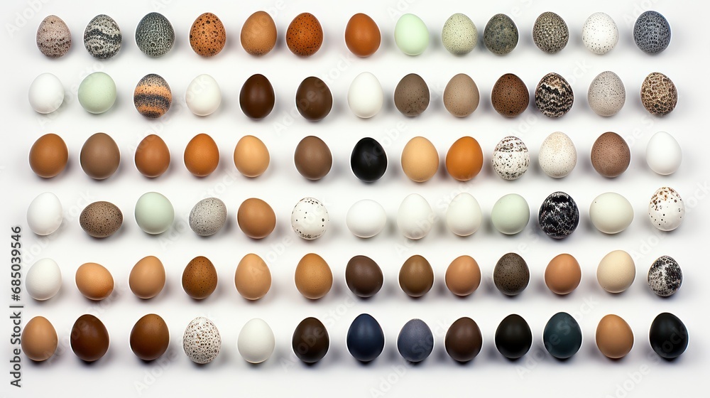 Collection of poultry eggs on white background,Eggs of each type of poultry Collection of poultry eggs on white background,Eggs of each type of poultry