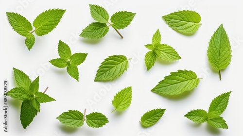 Collection of fresh mint leaves on white background,
