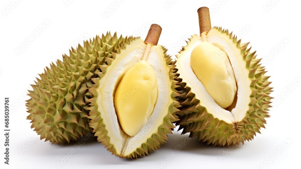 Fototapeta premium Durian on white background,Durian cut in half