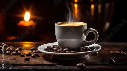 Cup of espresso with coffee beans on an old black wooden 