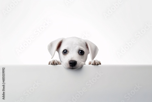 puppy hiding behind a white table, panoramic scale, playful skepticism, minimalist backgrounds