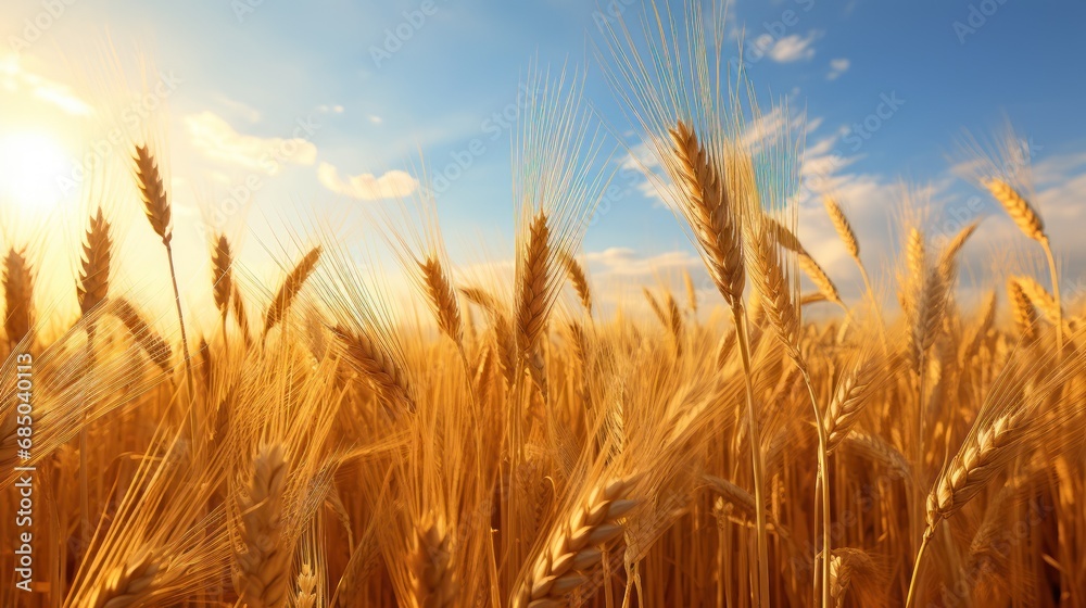 Golden Wheat Field Under the Warm Summer Sun,bright sky