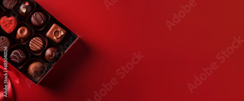 top view of the chocolate box with heart-shaped candies, valentines gift, copy space banner © Anastasia Shkut