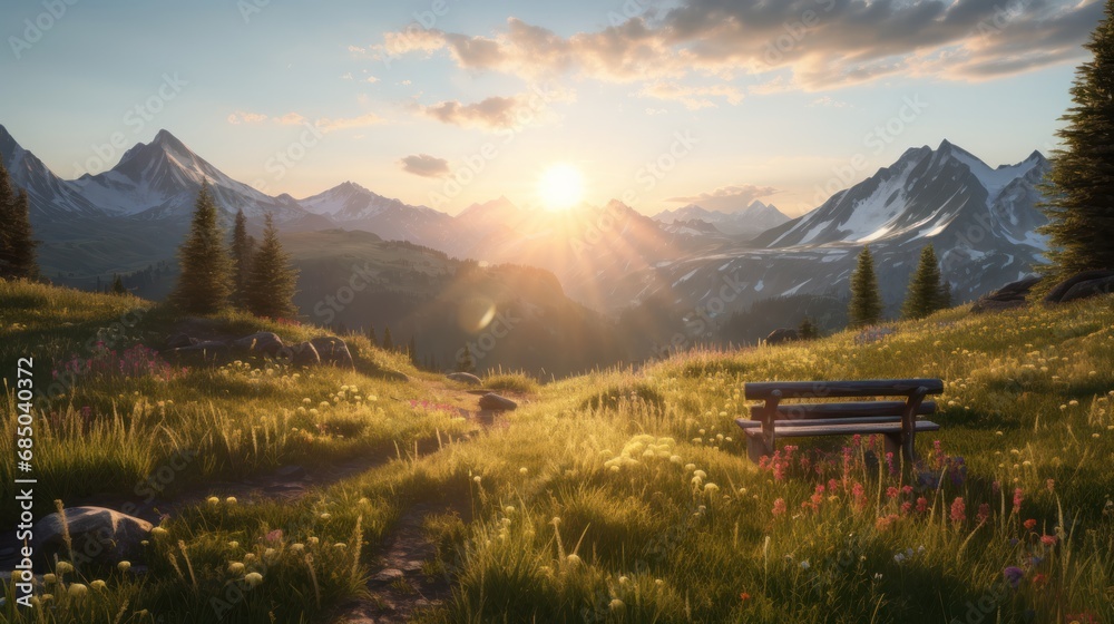 bench in alpine meadow; Old wooden bench with landscape beautiful mountain morning - obrazy, fototapety, plakaty 