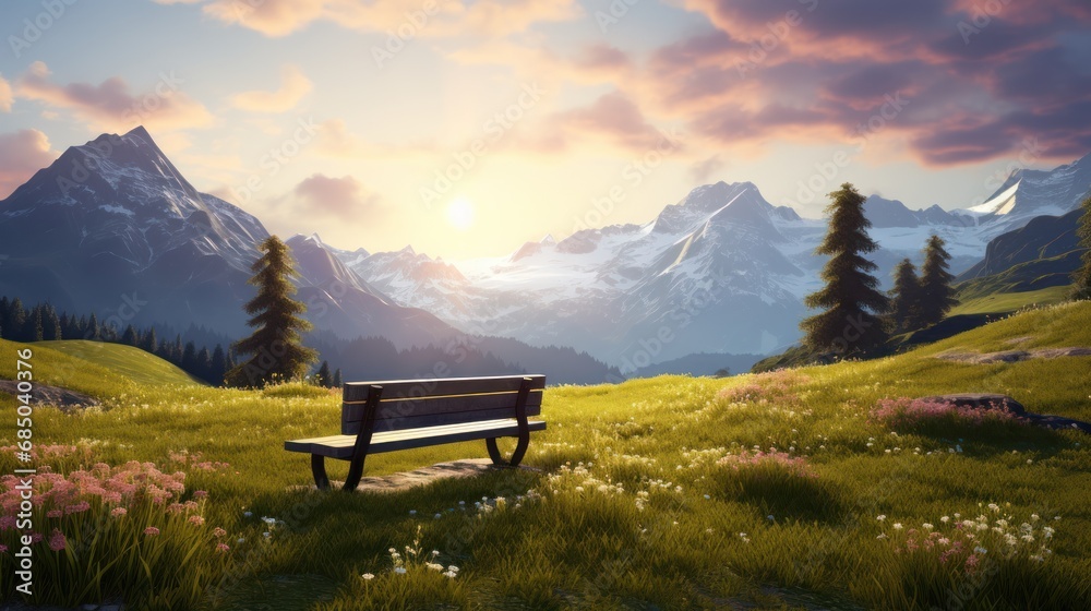 bench in alpine meadow; Old wooden bench with landscape beautiful mountain morning - obrazy, fototapety, plakaty 