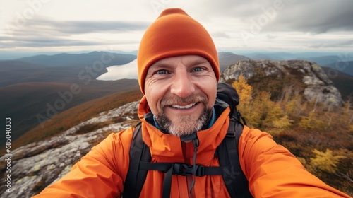 Happy hiker man taking selfie portrait on the top of mountain 