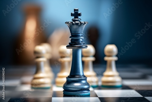the board of chess with one king on top, soft edges and blurred details, gray and blue, high dynamic range